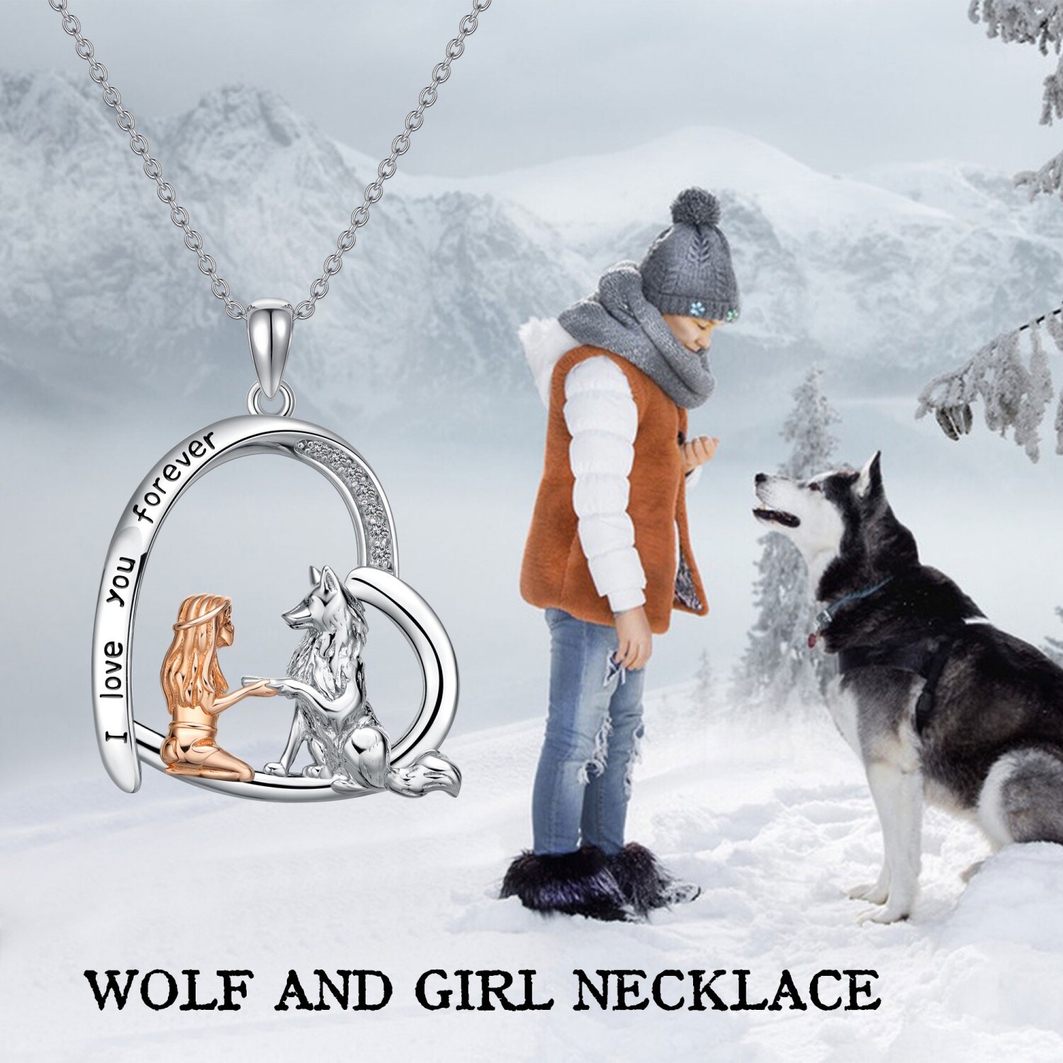 925 Sterling Silver Wolf Necklace with Synthetic Zirconia